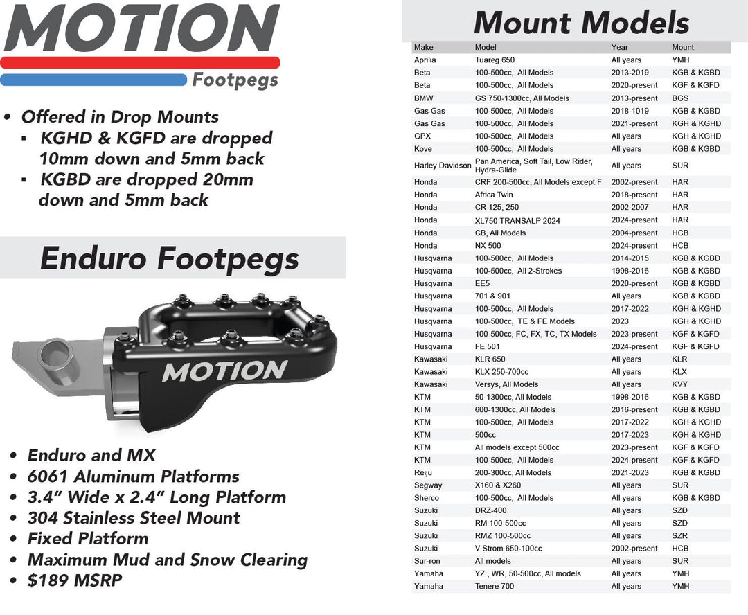 Motion Factory Racing KGFD Drop Mount Footpegs | Fits KTM, Husqvarna, GasGas (2023-25) &amp; Beta (2020+)