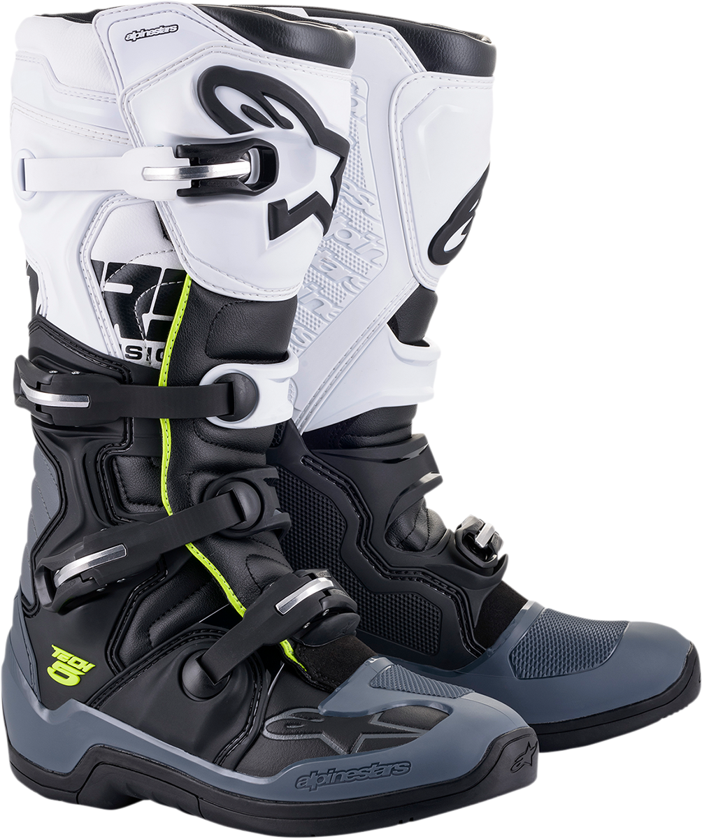 A pair of Alpinestars Tech 5 Boots in the color combination of Black and White, featuring a sleek and stylish design suitable for off-road riding.