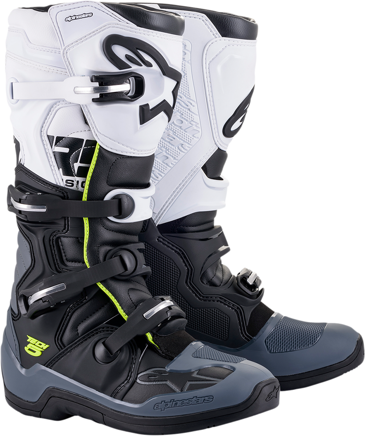 A pair of Alpinestars Tech 5 Boots in the color combination of Black and White, featuring a sleek and stylish design suitable for off-road riding.