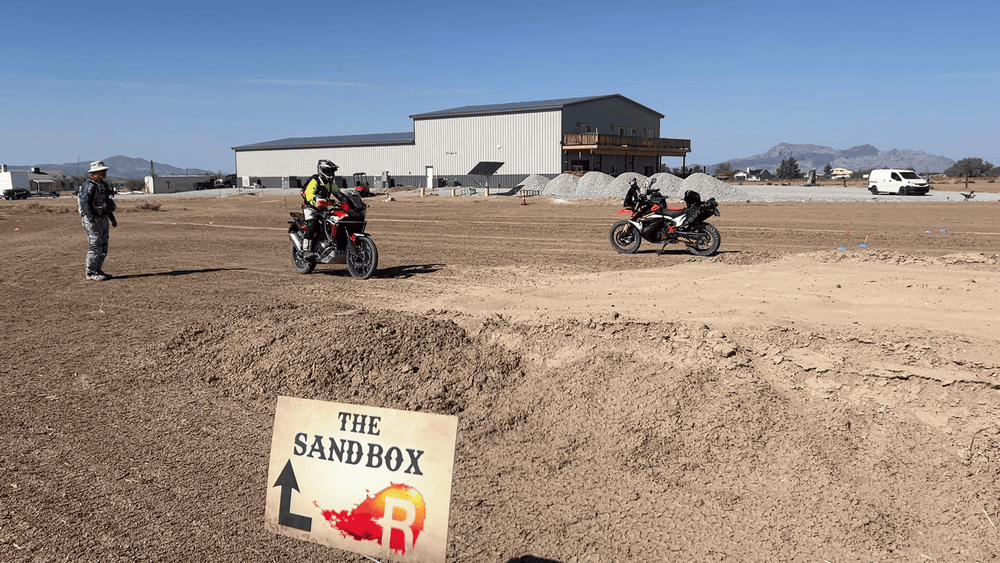 Student getting read to tackle sand at Adventure motorcycle training course in pahrump