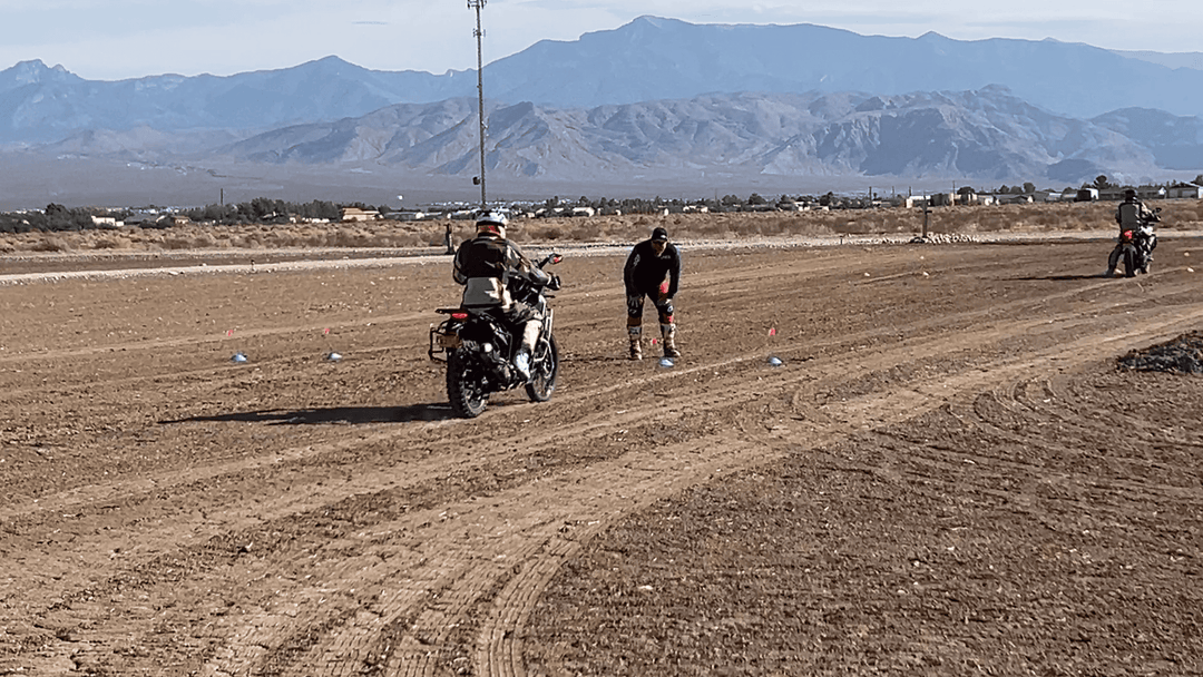 Trainer helping student in Pahrump at our adventure motorcycle training course