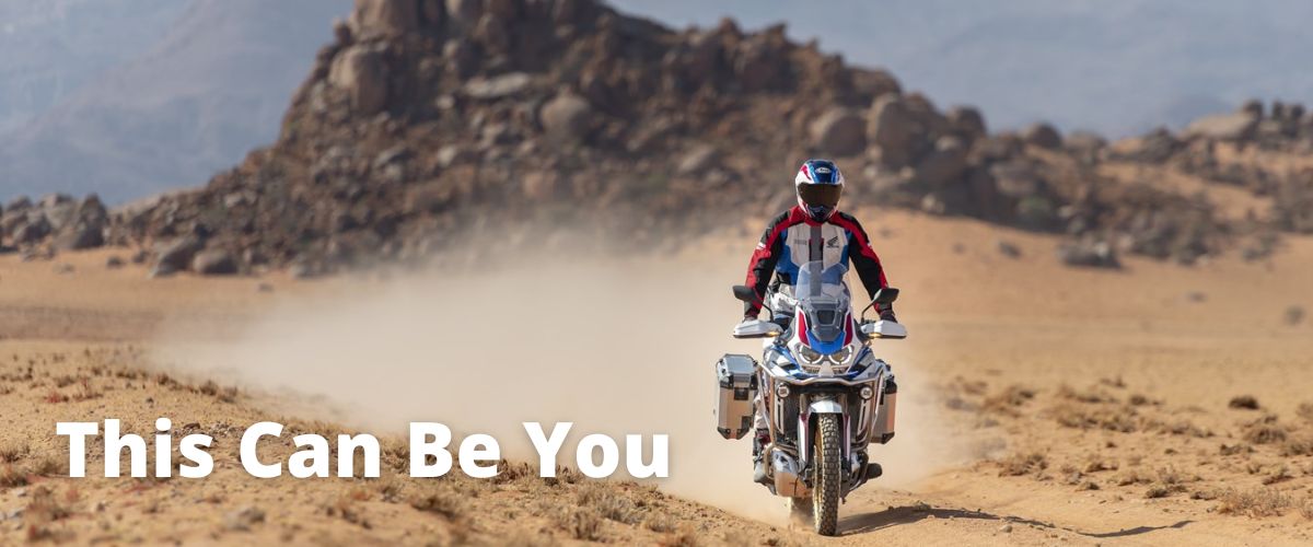 Adventures motorcycle rider riding in Vegas during our Off-road ADV training expeditions